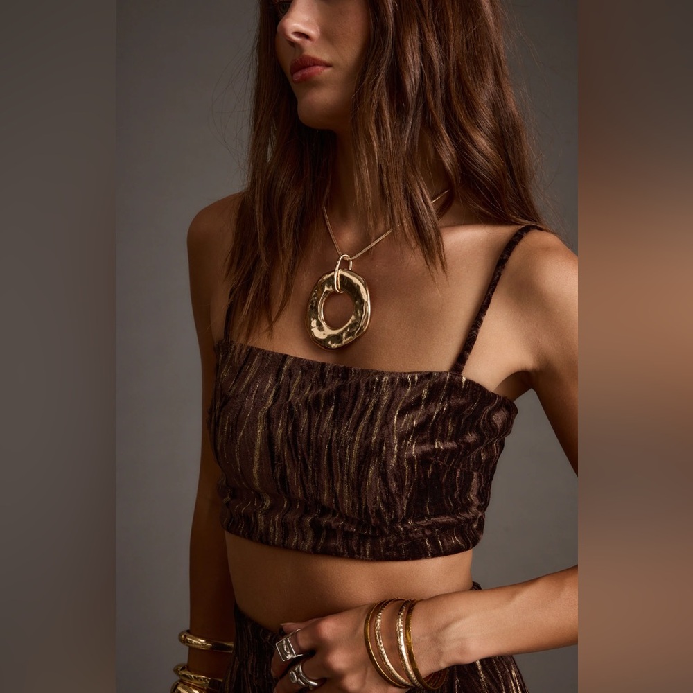 12th Tribe Rhea Espresso Velvet Crop Top Gold Foil NWT Small Party